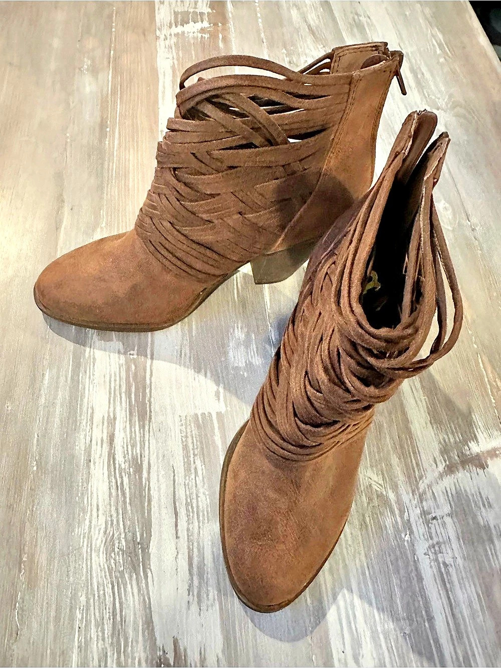 Fergalicious Brown Suede Lattice Strappy Ankle Booties Block Heel Size US 8.5 Ne
